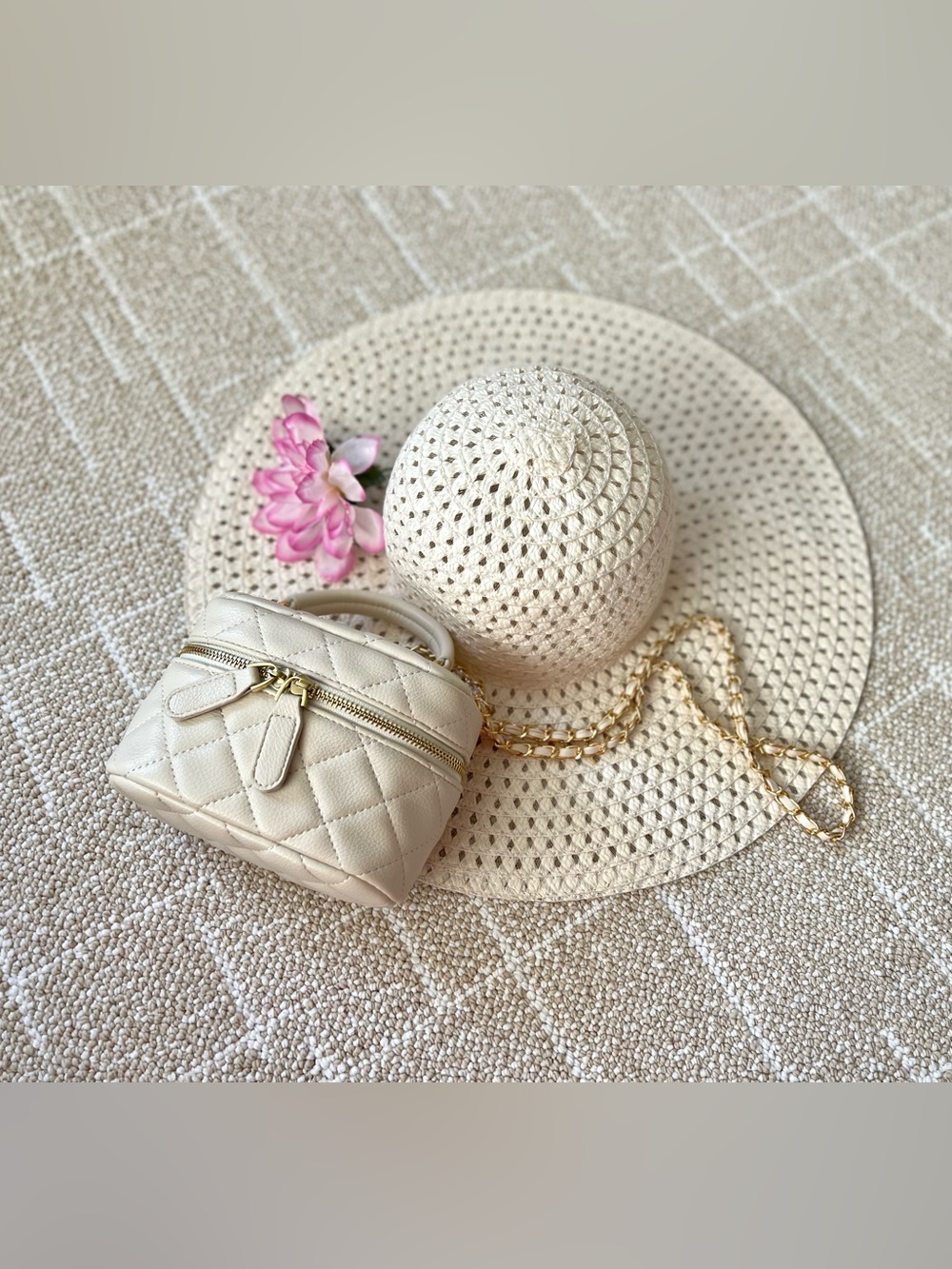 Hat + Bag Cute Quilted Mini Top-Handle Vanity Bag in Cream 🌸💕